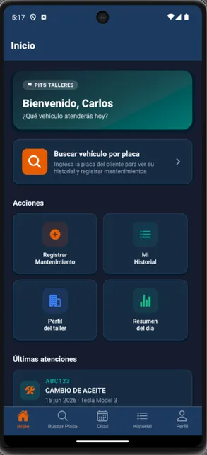 Pantalla de inicio de la App Talleres de PitsZone: bienvenida, buscar vehículo por placa y acciones rápidas